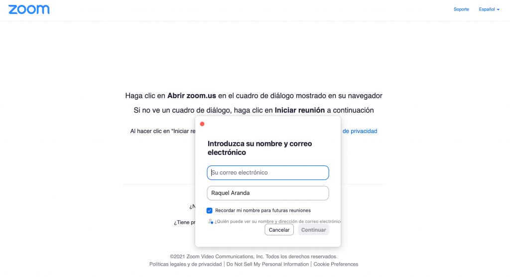 Introducir el nombre en Zoom
